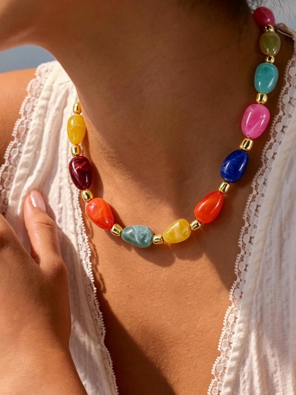 Anthropologie Multicolor Bead Necklace with Gold Accents